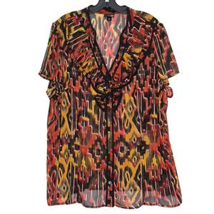 Ruffle Neck Button Up Top Plus Size 3X Boho Tribal Ikat Southwestern Lightweight